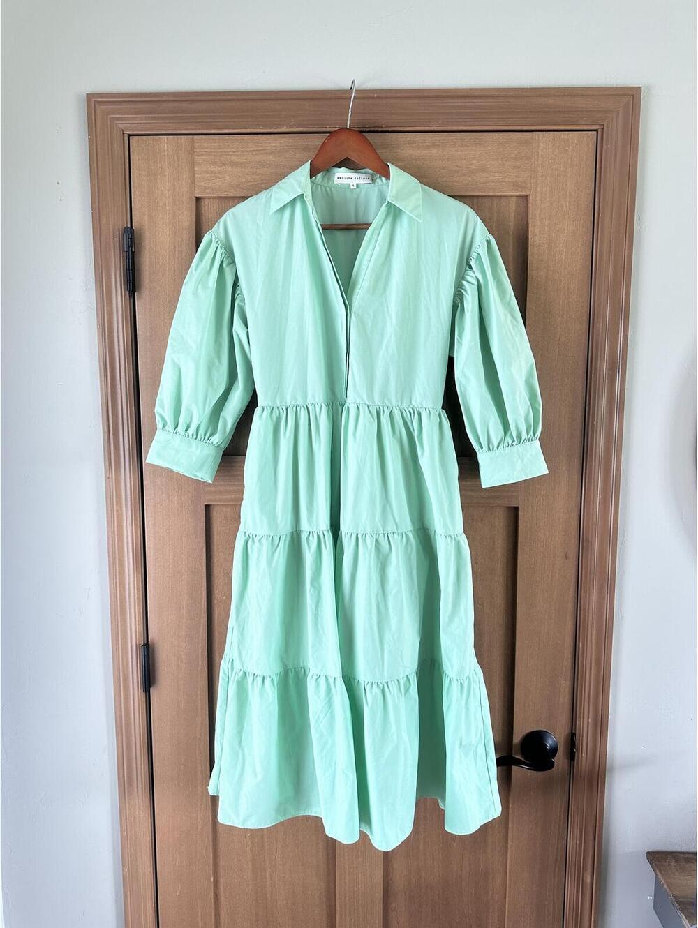 English Factory Balloon Sleeve A-line Tiered Midi Shirt Dress Mint Women’s Small - Picture 14 of 15